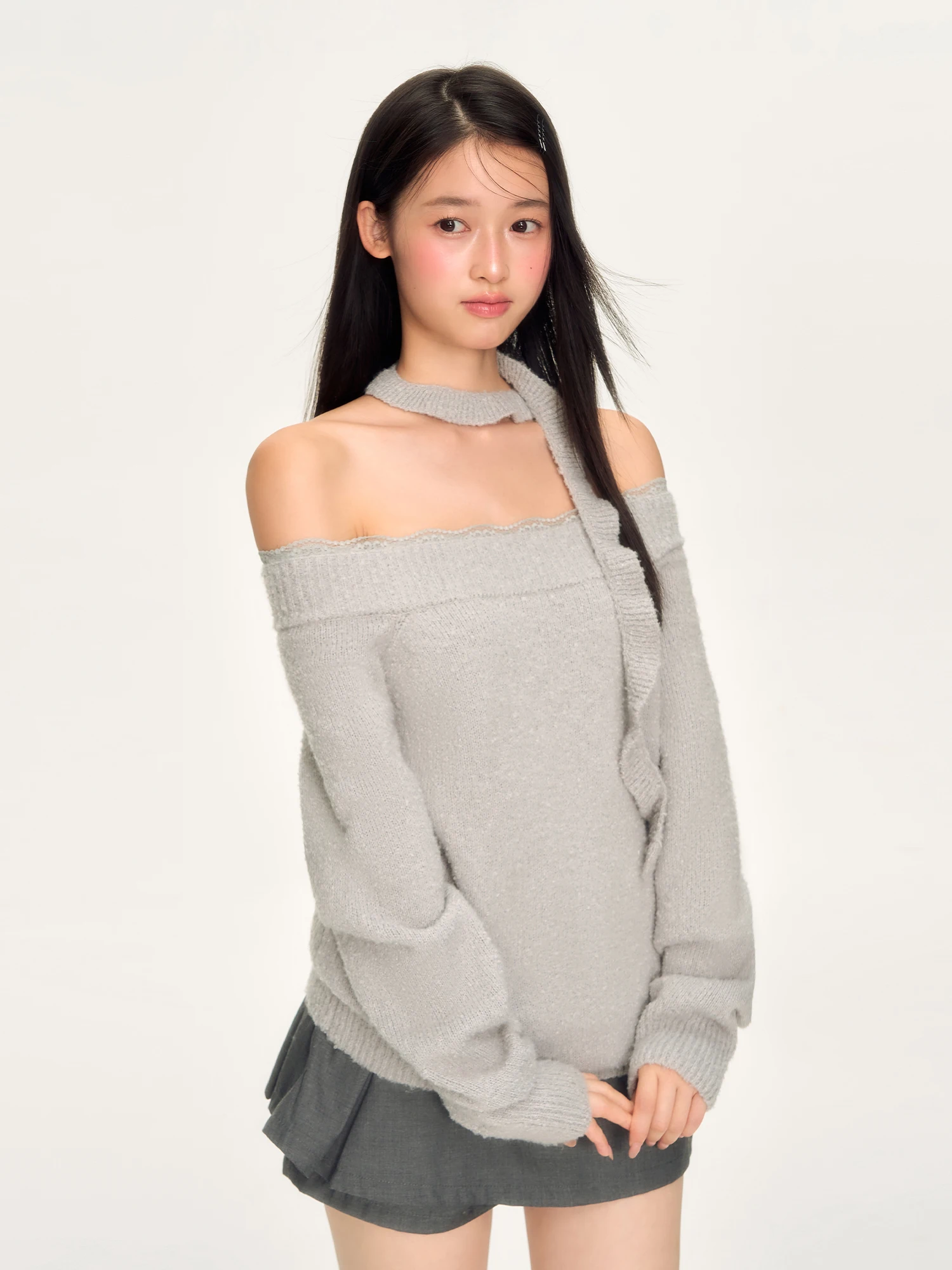 

Wedhub Lace Splice One oulder Sweater Women's Lazy High-End Feeling Top ey Autumn Winter Netie Knittedwear