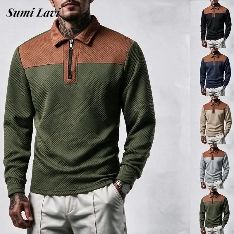 Fashionable Zipper Turn-down Collar Jacquard Texture Shirts Long Sleeve Tops Male Mens 2026 Autumn Contrast Color Polo Shirts