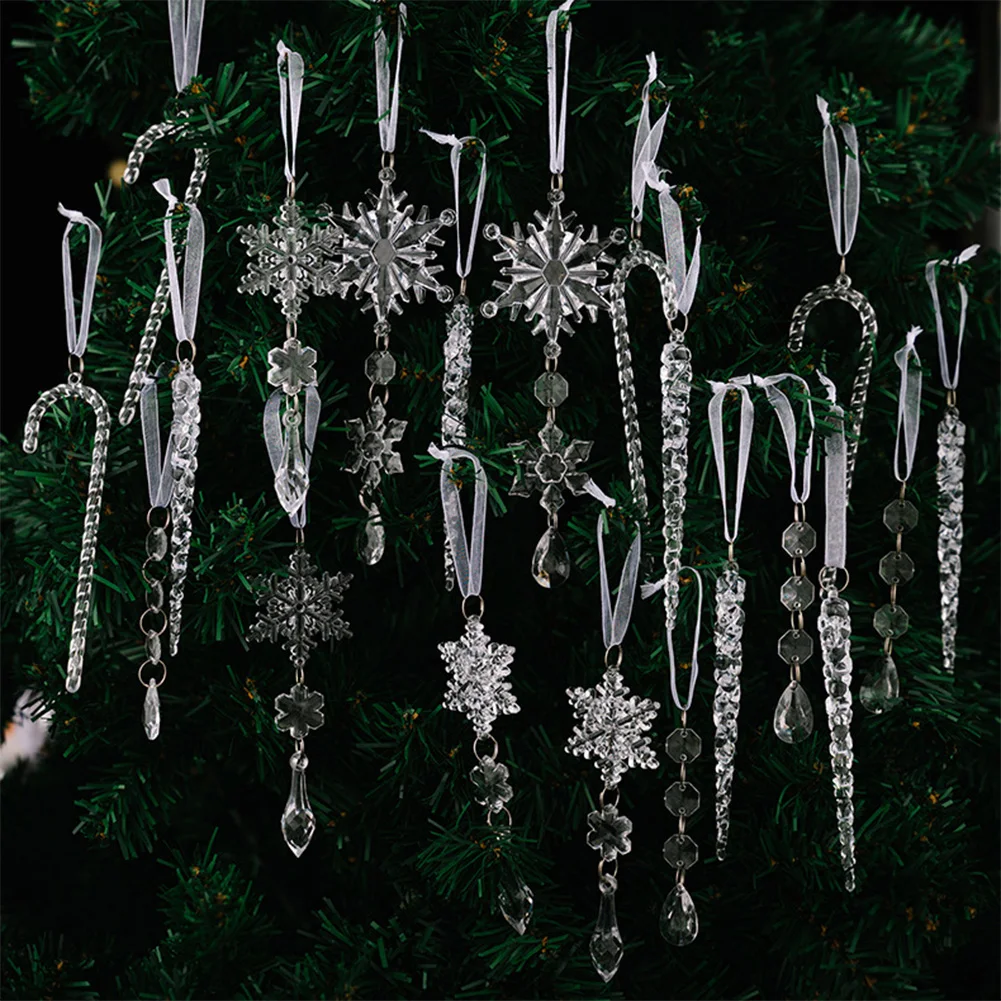 White Pink Blue Christmas Ornaments 4cm To 17cm Snowflake Icicle Pendant Set For Xmas Tree Window Mantel Home Decoration