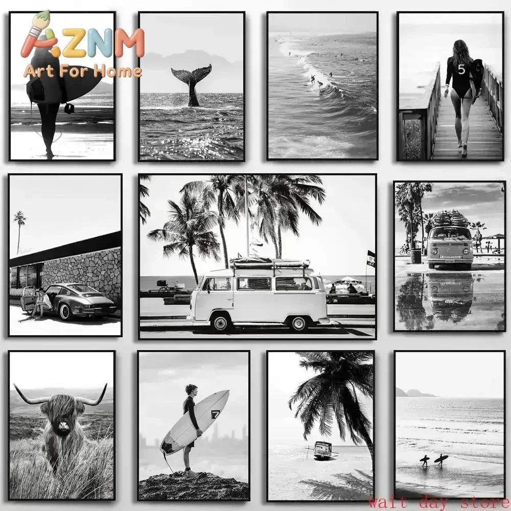 2026 Beach Camper Van Surfing Ocean Landscape Wall Art  Palm Tree  Surfboard Canvas Painting  Home Room Decor Poster Prints