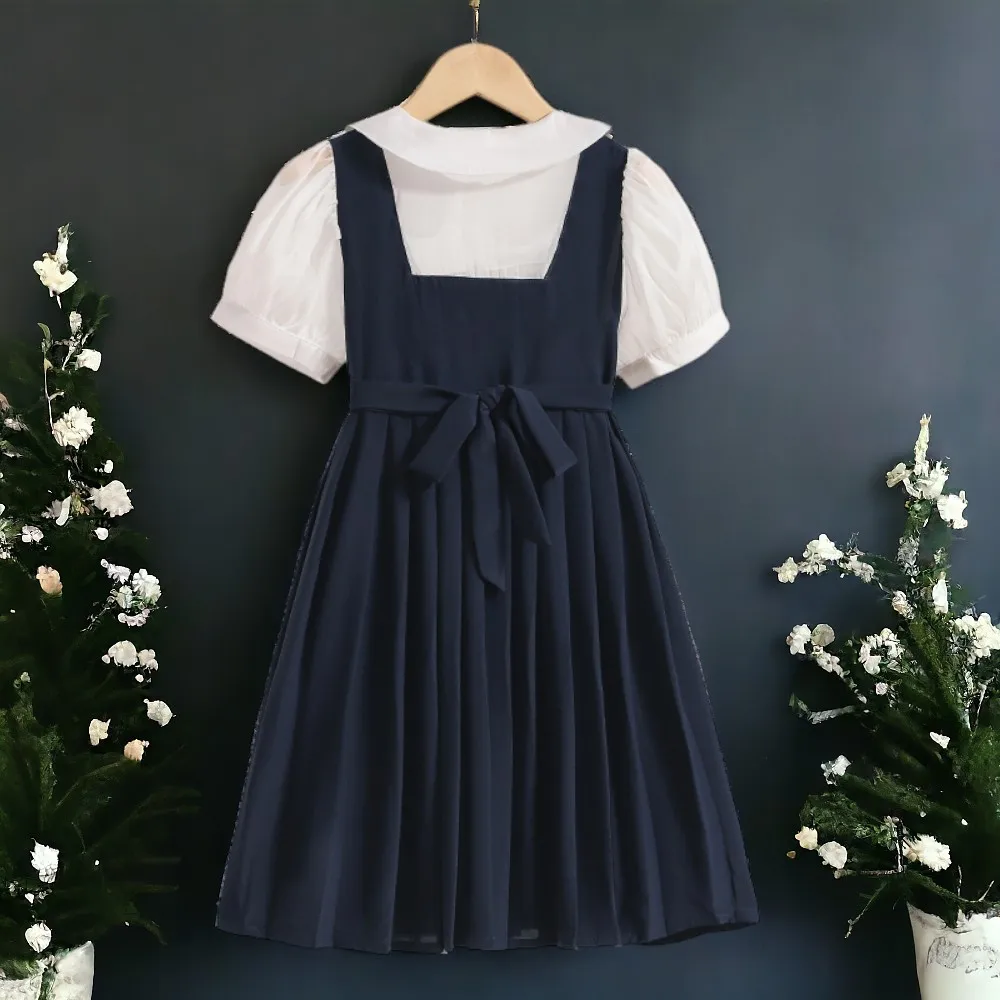 Summer School Uniform Girls Dresses Suit Outfits Teenager Baby Clothes White Shirt & Dress Kids Costumes 6 7 8 9 10 11 13 Years