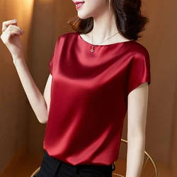 Fashion Summer Crop Tops Women Vintage Simple Satin Shirts Basic Blouses Women Short Sleeve Comfortable Women's Casual Blouses