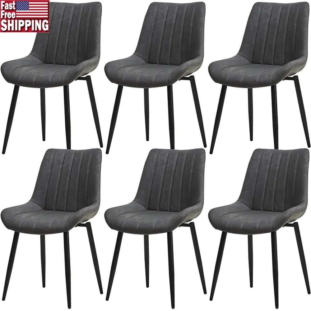 

Ergonomic Faux Leather Dining Chairs Set of 6 Stylish Metal Leg Kitchen Lounge Seating Modern Linear Design Durable Comfort