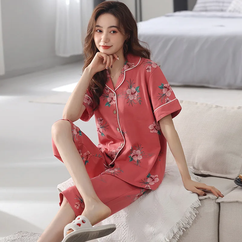 Women's Pajamas Sets Cotton Pyjamas Floral Pijamas Lapel Loungewear Short Sleeve and Pants Suit Sleepwear Nightwear Homewear