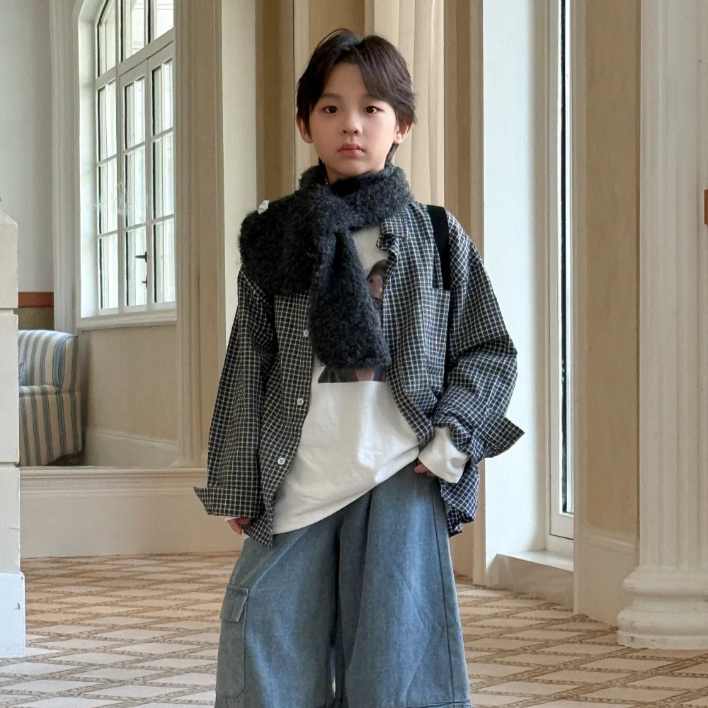 

Рубашка в клетку для мальчиков, детская осенняя новинка, корейская свободная повседневная модная рубашка с лацканами и длинными рукавами, мягкий удобный универсальный топ