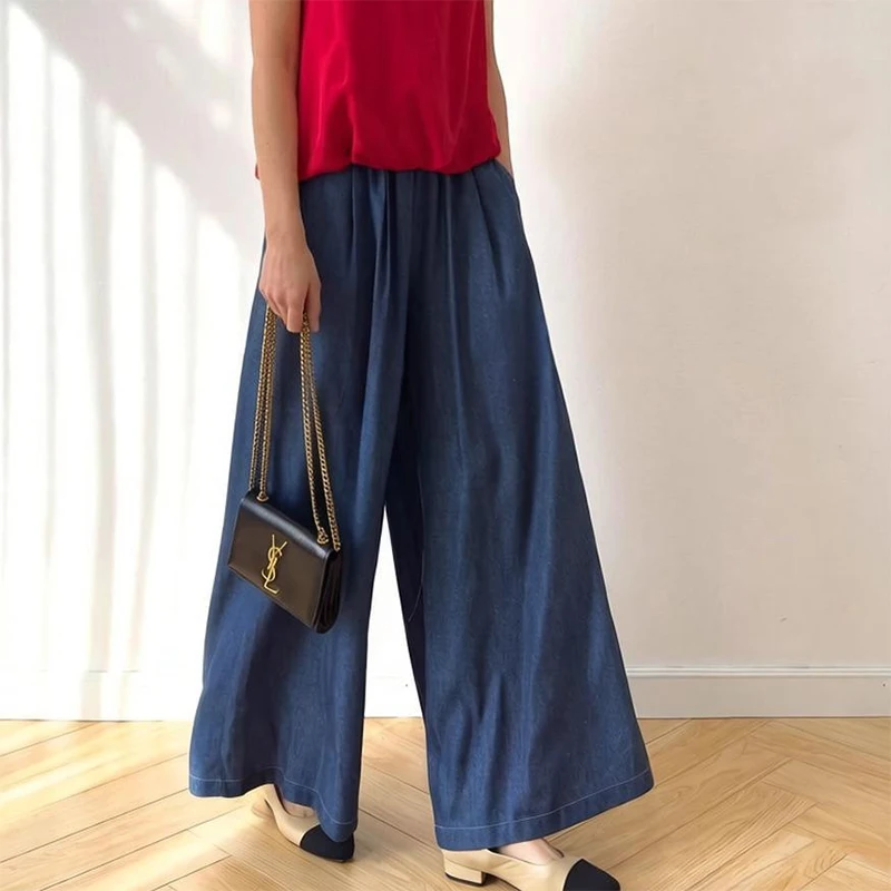 Women Pants 70% Mulberry Silk 30% Cotton Spun Silk Denim Blue Color Loose Type Wide Leg Casual Trousers With Pockets M1530