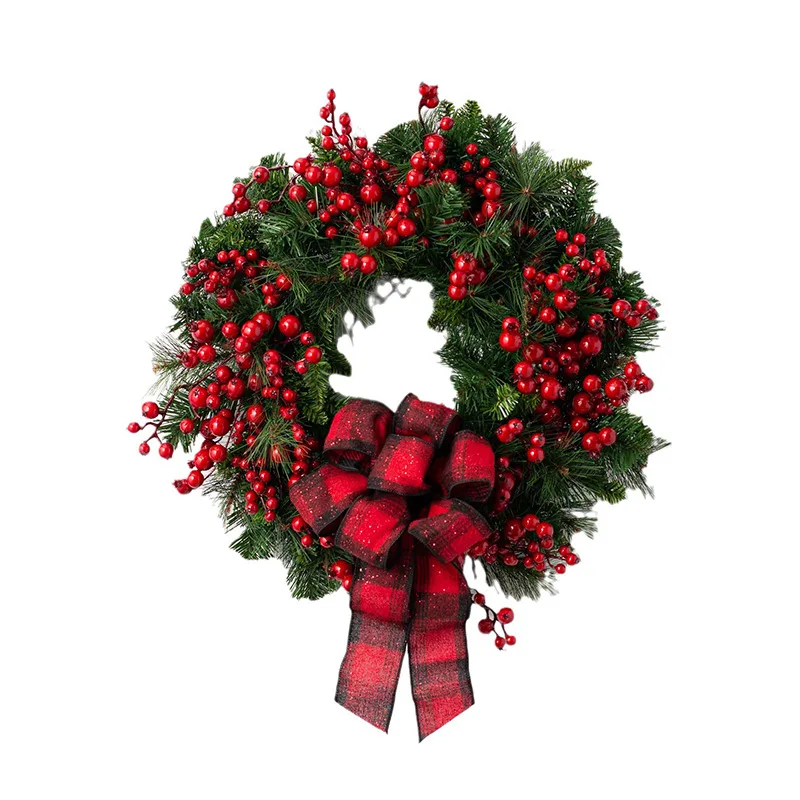 

Christmas Wreath Door Decoration Artificial Christmas Wreath with Red Berries and Black Red Checkered Ribbon New Year Decoration