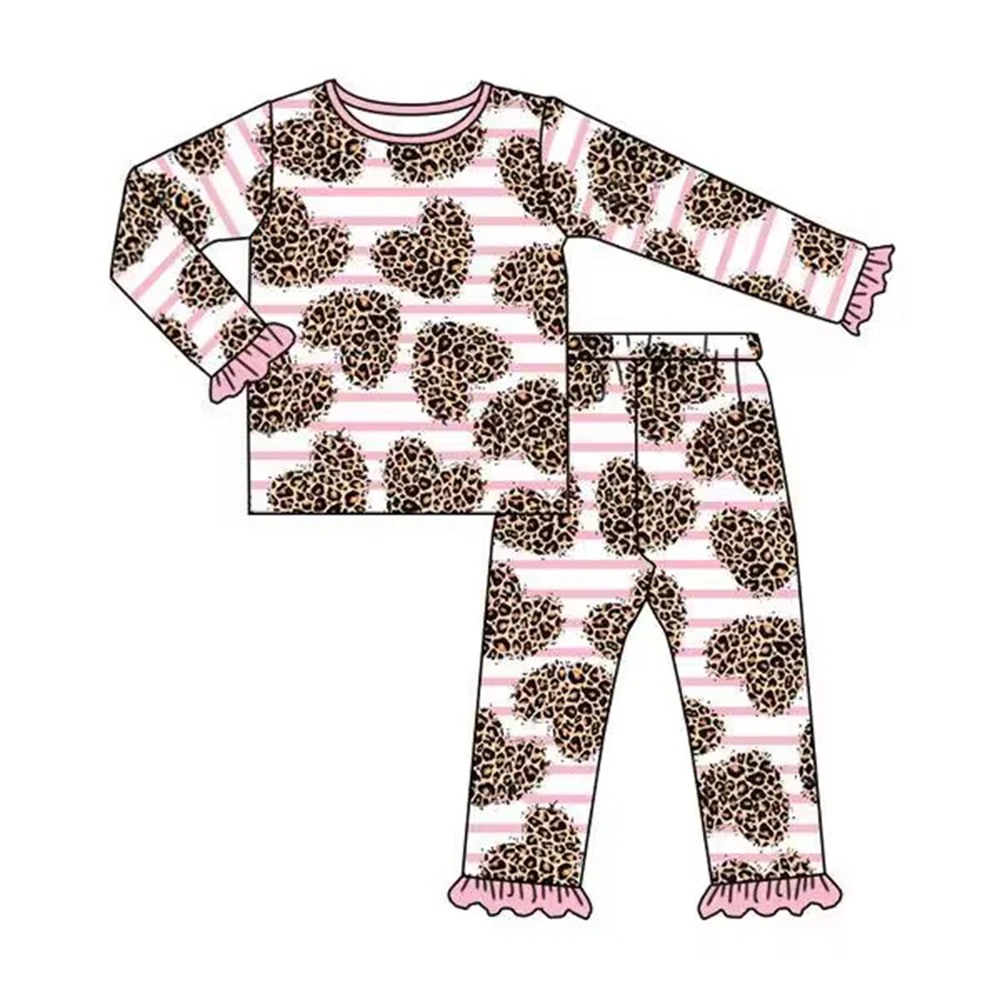 Valentine's Day pajamas Leopard heart Long sleeve pajama set pajamas for kids kids winter clothes boutique nightclothes