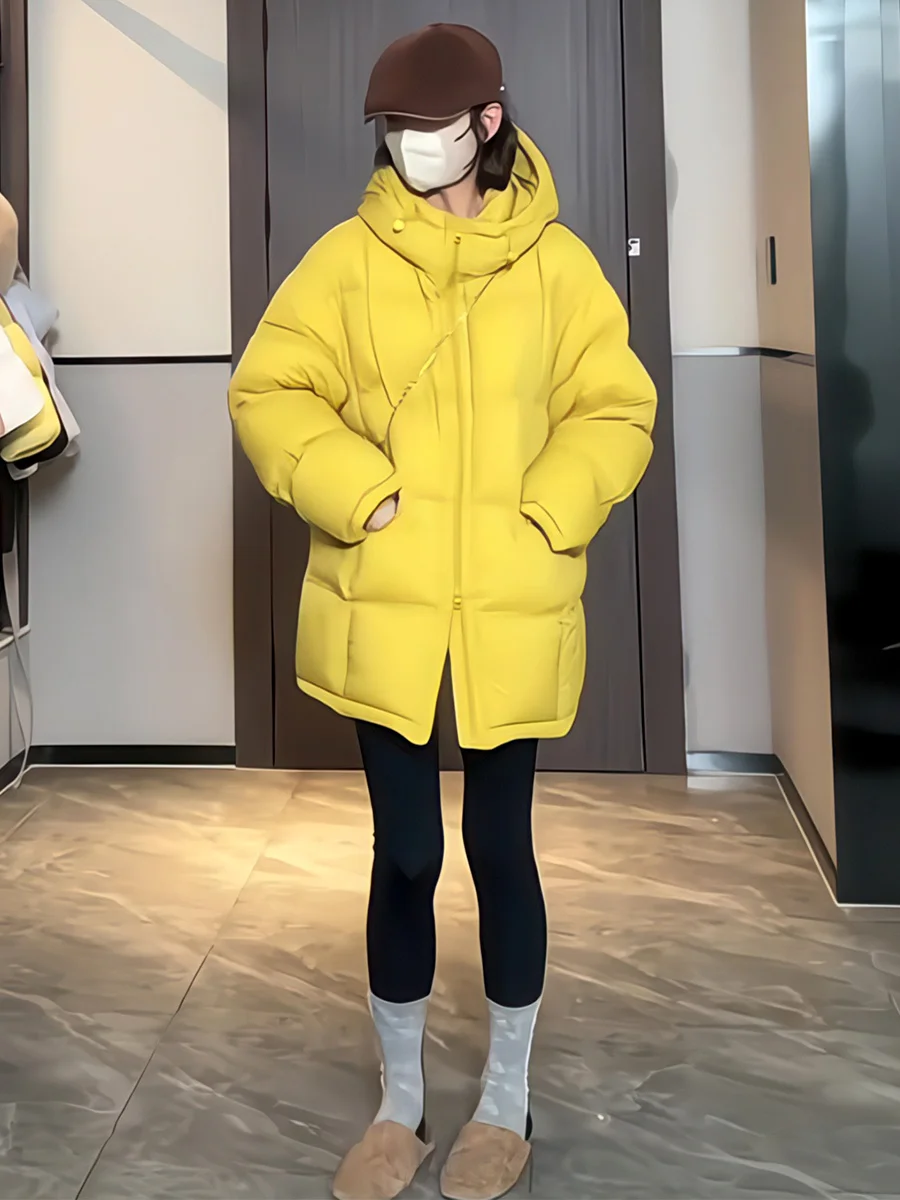

Korean Sle Cloud Puff down Jaet Women's Winter Small Size Hooded Mid-Length Yellow Warm Personali Outerwear