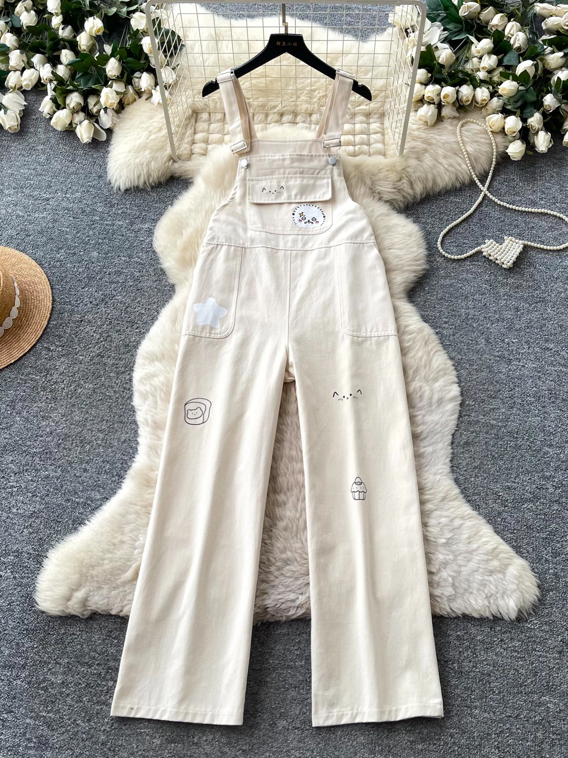 

Korean Style High Waist Straight Leg Jumpsuit Women's Summer Fun Strap Pants Long Trousers Small Size Age Reduction Elegant