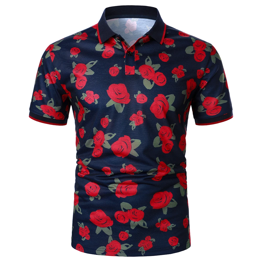 Men Short Sleeve Polo Shirt Rose Pattern Digital Printing Top Streetwear Casual Fashion Holiday Men Rib Lapel Polo Shirt