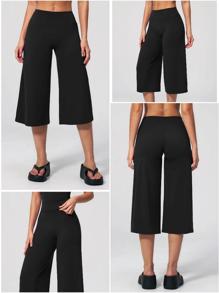 VITALINOVO Capri-Hose für Damen, hohe Taille, ohne Taschen, Damen-Caprihose, Workout-Yoga-Hose, lockere, gerade geschnittene Reise-Crop-Hose – Detail 6
