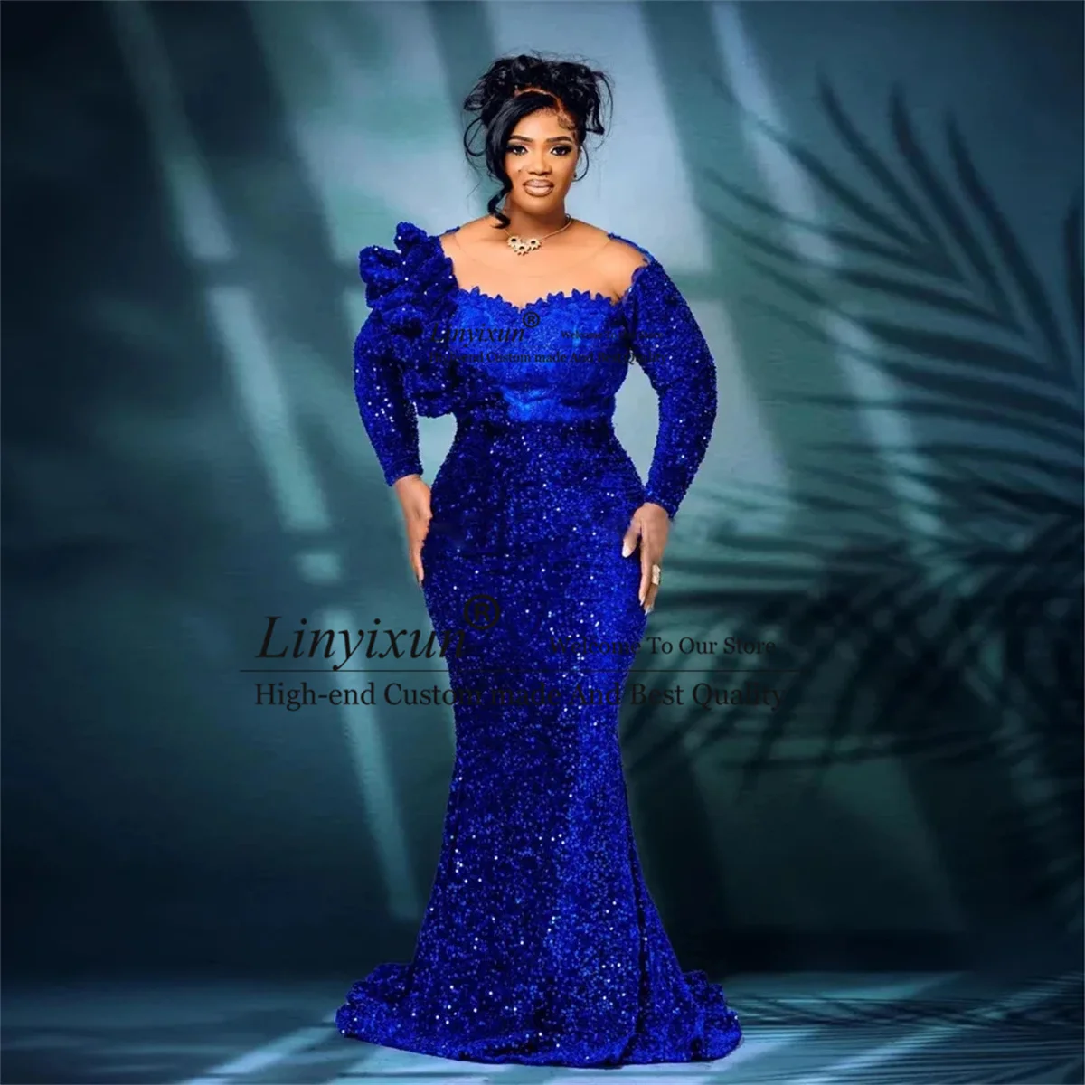 Royal Blue Sequins African Prom Dresses Plus Size Black Women Nigerian Formal Party Dress Shiny Sequined Mermaid Evening Gown