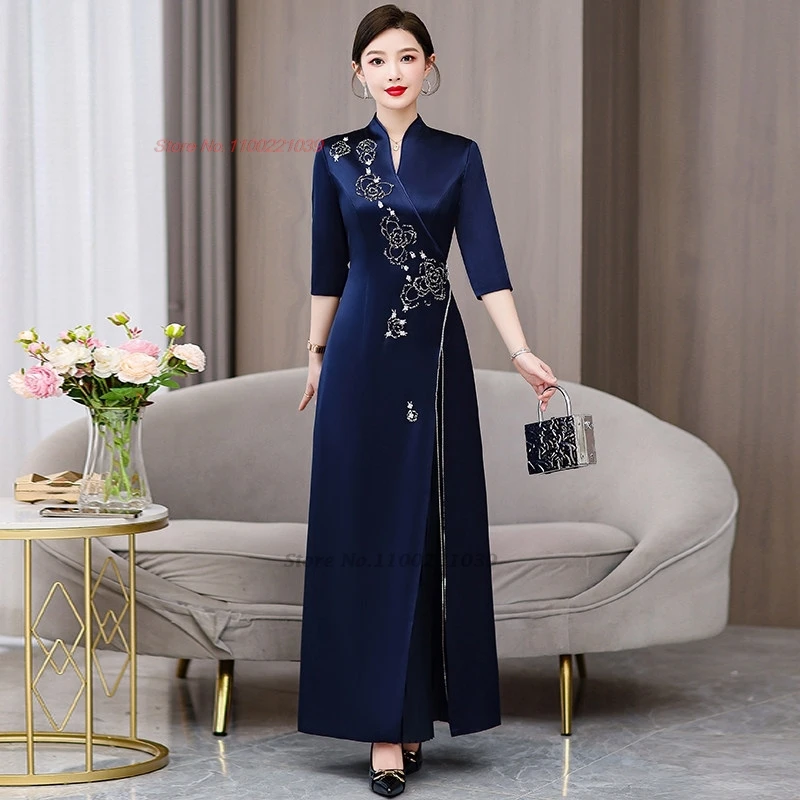 evening dress in chinese Floral Sequins Cap Sleeve Traditional Cheongsam Chinese Evening Dress Purple / L