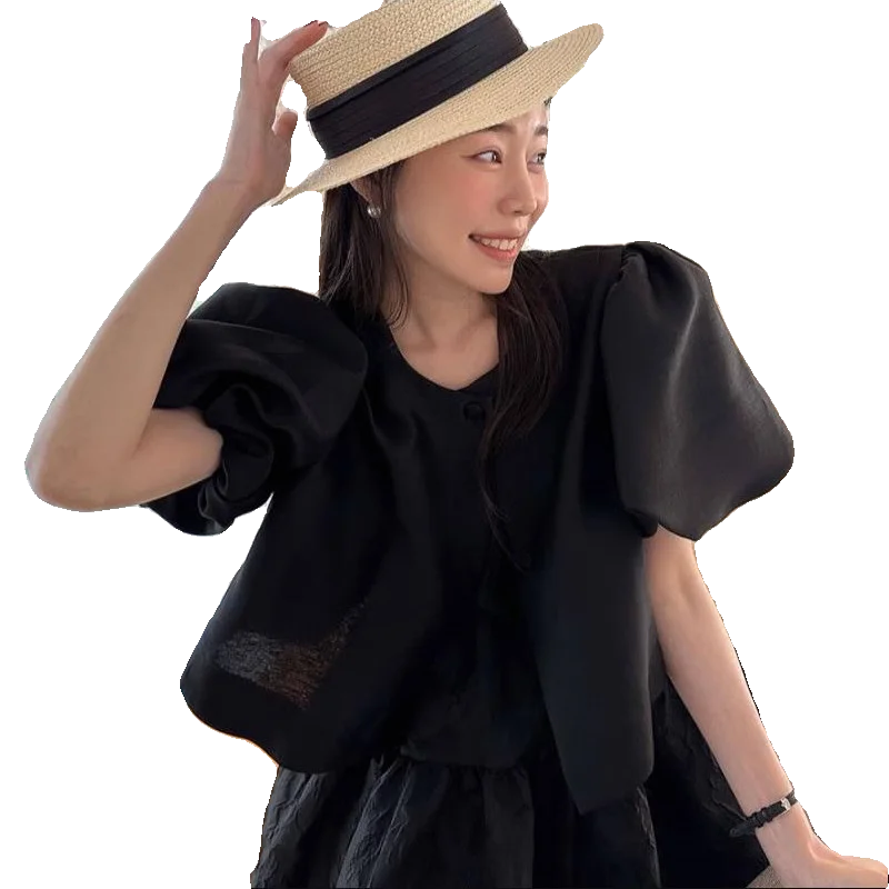 

Chic round Ne Bubble Sve irt Women's Loose Straight Cut Color Versatile Youthful ort Length Faionable Top