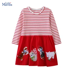 Little maven Children's Clothing Kids Clothes 2024 Autumn Girls Long Sleeves Embroidered Cartoon Cats Striped Dress Cotton