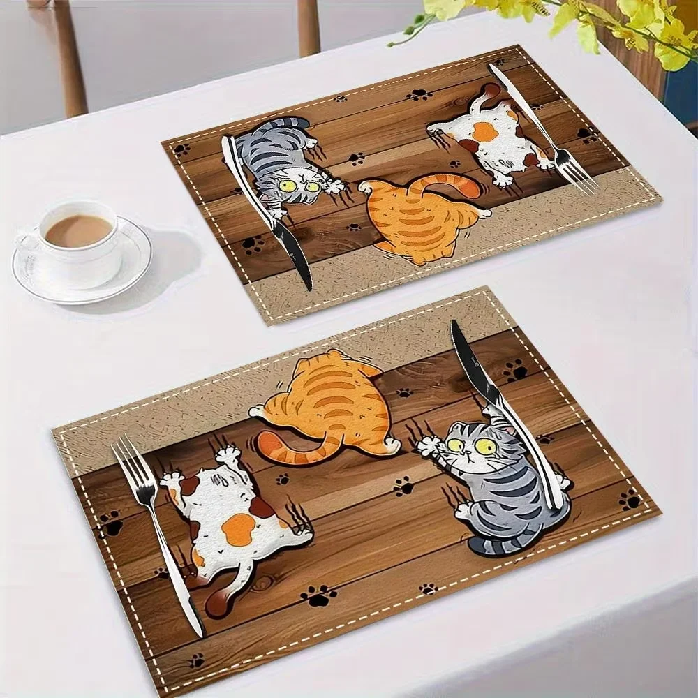 مفارش فيكاما 4/6/8/10 قطع أمريكية عتيقة بثلاث قطط: سجادات طعام/مطبخ مقاومة للماء وكوسترات قهوة لطيفة للمنزل #3