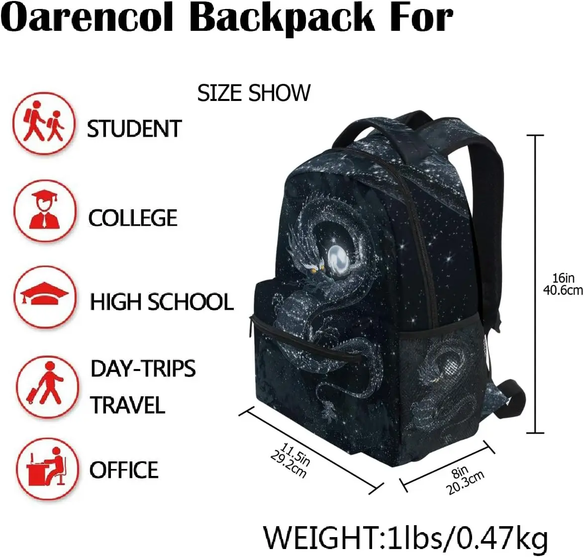 Magic Dark Dragon Galaxy Space Black Backpack Bookbag Daypack Travel School Bag