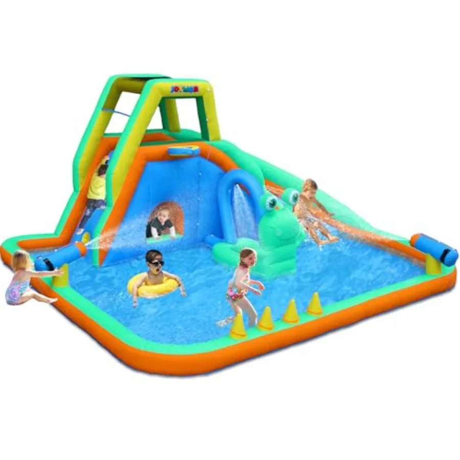 Frog Inflatable Water Slide for 8-in-1 Backyard Water Park, PVC material, green, includes frog sprinkler, climbing wall, tunnel