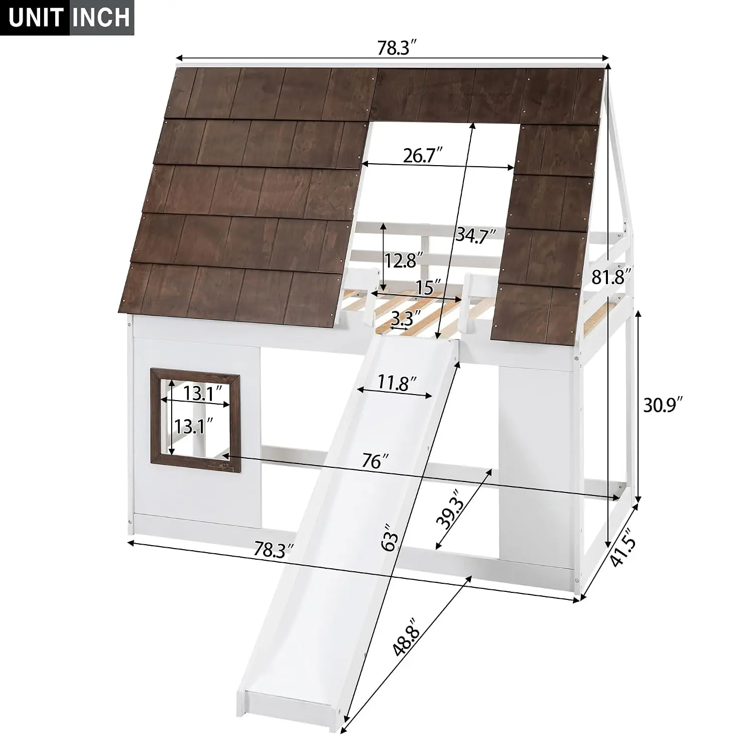 Twin Over Twin House Bunk Bed with Roof Window Ladder Slide for Kids Bedroom, White & Brown, Customized