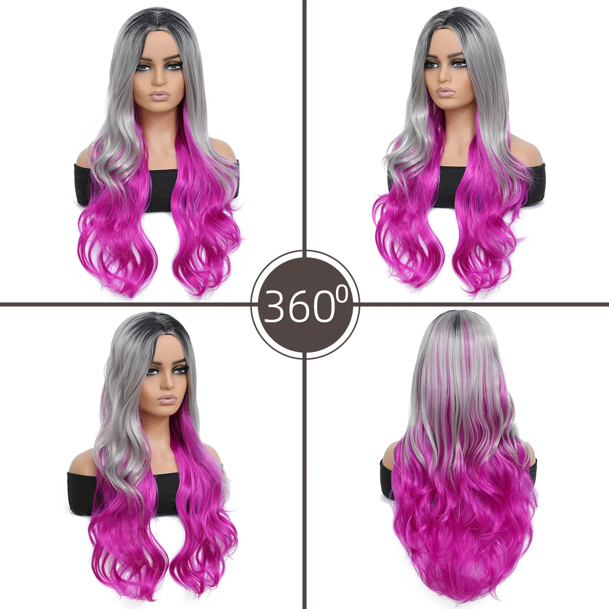 European and American fashion wig, women's long hair gradient color wave roll, mid split full head cover-Synthetic fiber wig