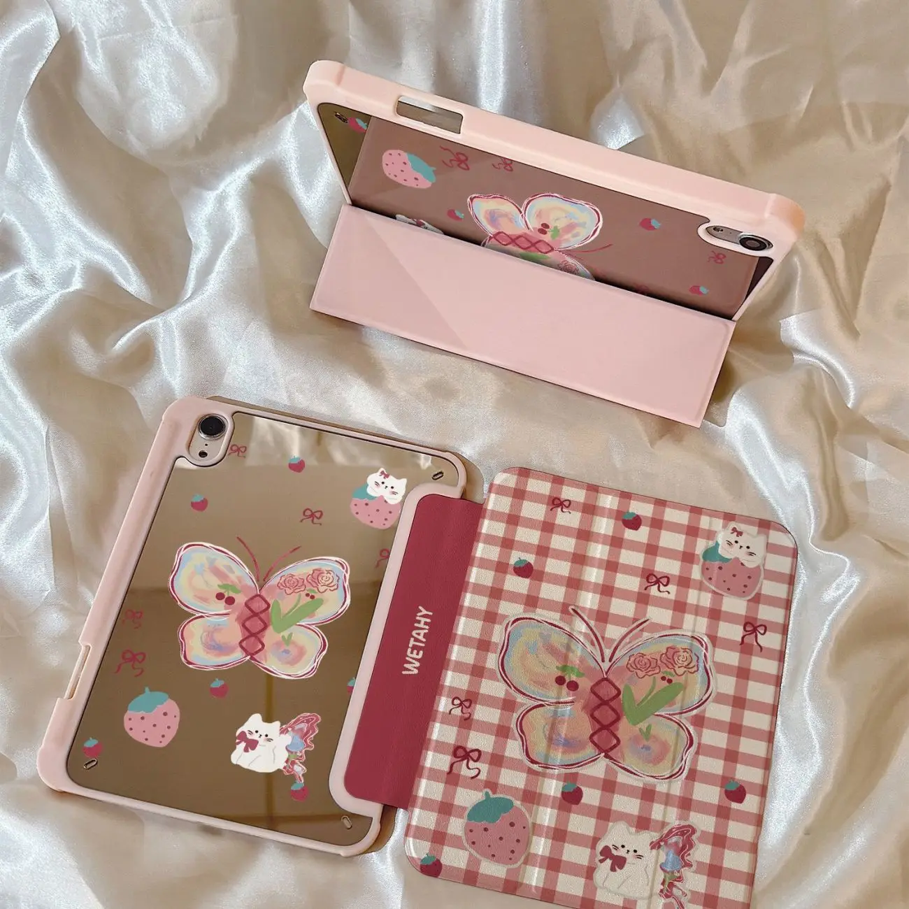 Floral Pink Checkered Butterfly Mirror For iPad 11th A16 10 9 8 7 5 Pro 13 11 M5 M4 M3 M2 12.9'' Air 4 3 2 1 Mini 7 6 Cover