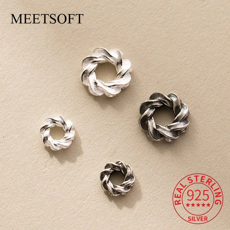 MEETSOFT 925 Silver Octagonal Shape Grommet Septum Bead DIY Handstring Retro Pattern Handmade Rope Material Accessories