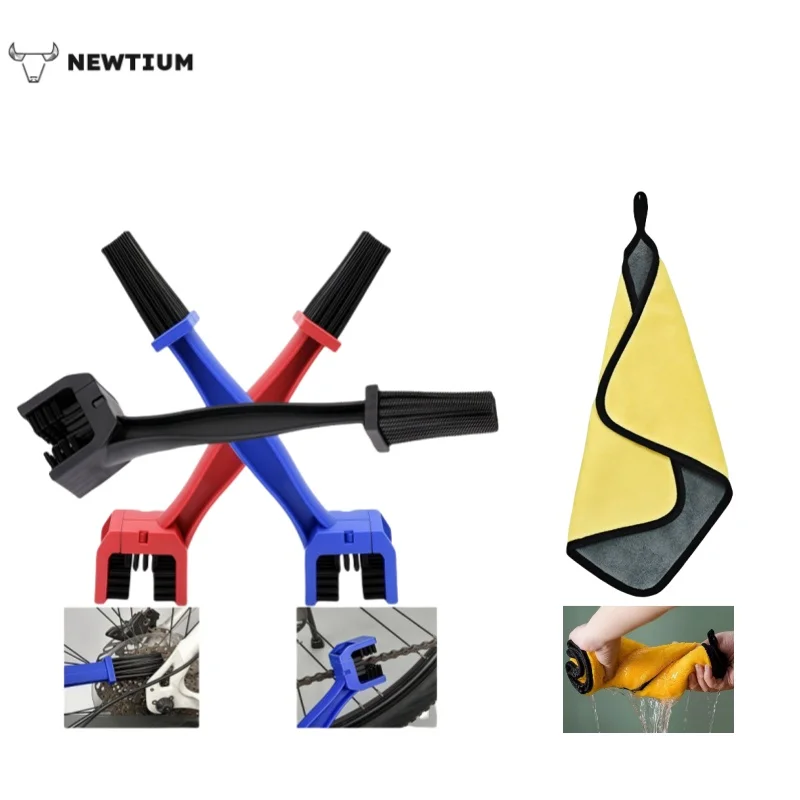 2-in-1 Bike Chain Cleaner Brush & Microfiber Towel Kit - 3-Sided Heavy Duty Scrubber with Anti-Corrosion Nylon + 600GSM Car Wash