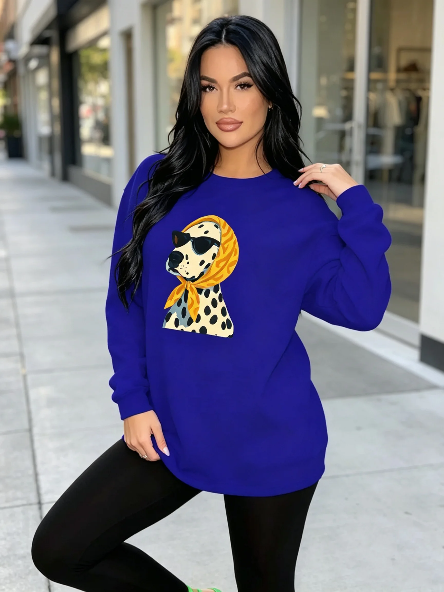 Women's Autumn Fashion Animal Print Sweatshirt Top with Long Sleeves And Elastic Waist Solid Color Pants Set round Neck Design