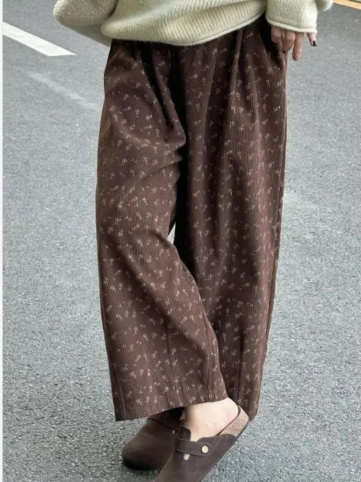 

Брюки из вельвета больших размеров с винтажным цветочным принтом, с высокой талией, прямые, широкие, осенне-зимние, повседневные, модные