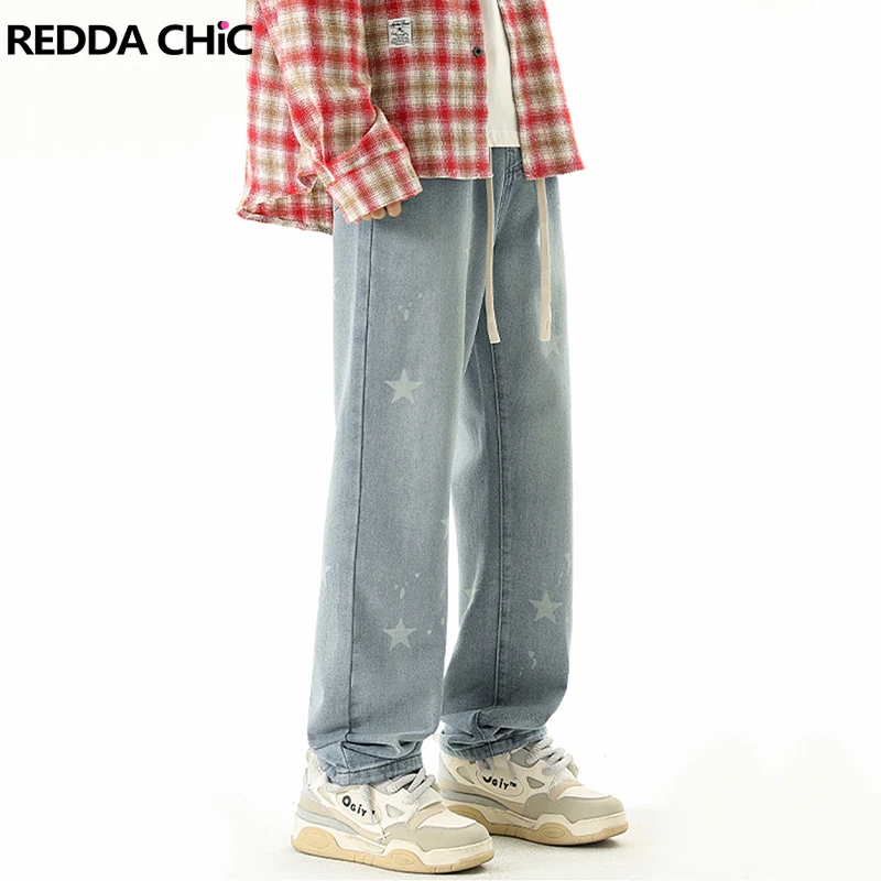 REDDACHIC Star Y2k Men Baggy Jeans Vintage Wash Elastic Waist Wide Leg Casual Pants Punk Hip Hop Trousers Harajuku Streetwear