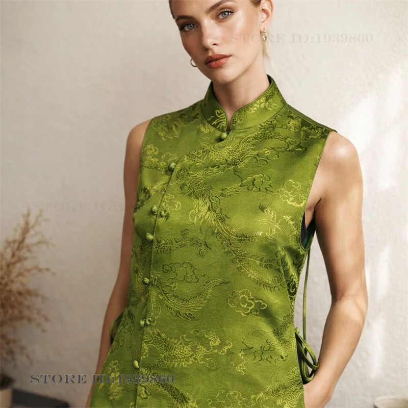 

Новая женская жилетка в китайском стиле, высококачественный топ в стиле Тан, винтажный жаккардовый топ с драконом и фениксом, сексуальный жакет без рукавов