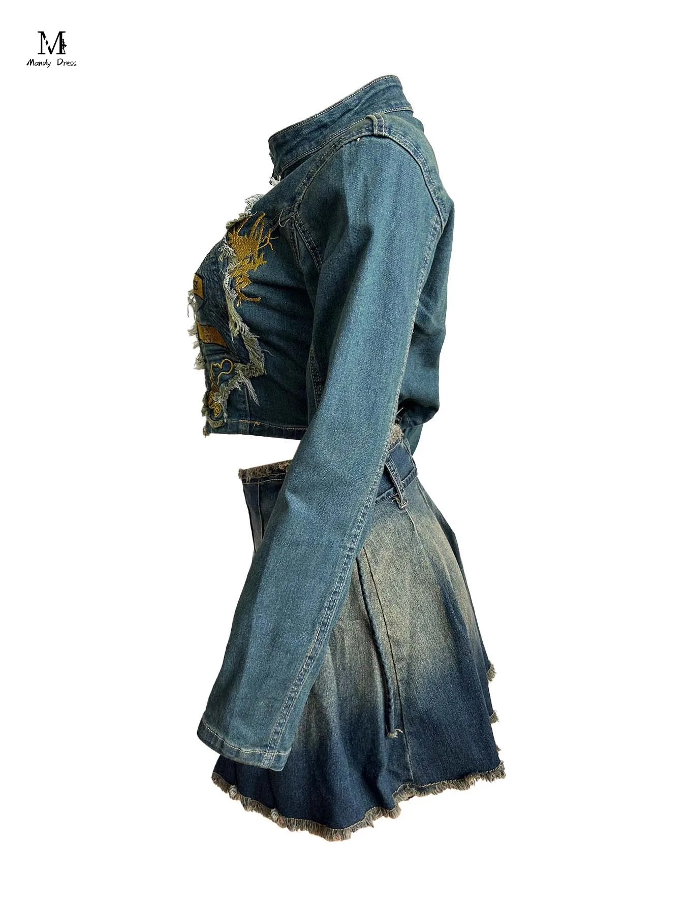 Fashion Stretch Denim Suit Women Embroidery Jacket Pleated Skirt Outfits Streetwear Lady 2 Two Piece Matching Sets 2024