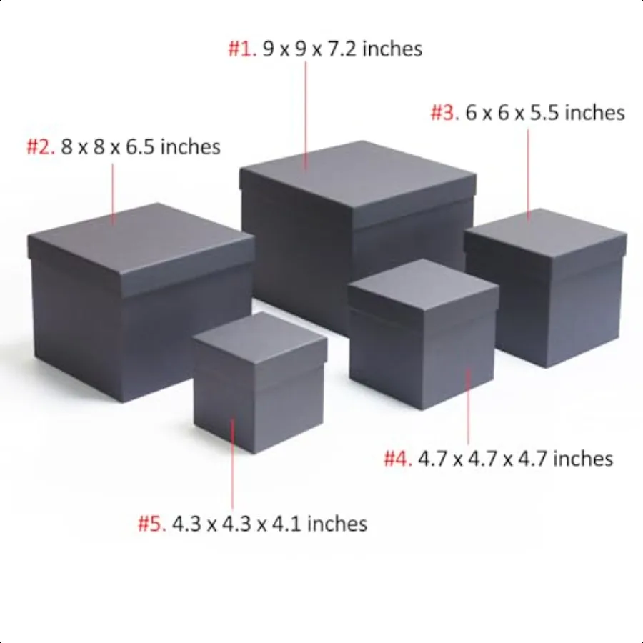 Scatole regalo nere per regali Set di 5 scatole regalo quadrate con coperchi in dimensioni assortite Robuste scatole regalo per compleanni