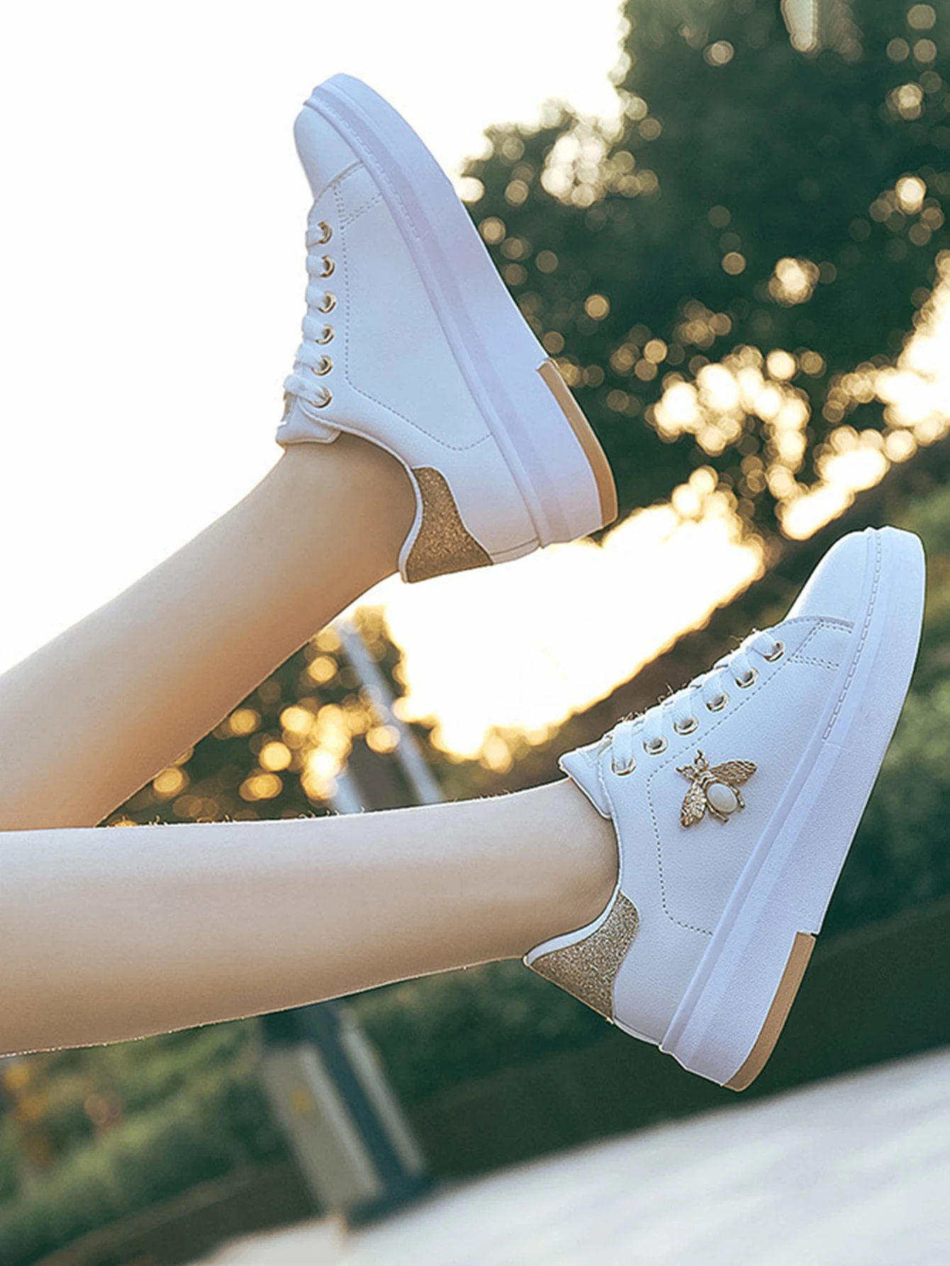 Women Gold Casual Round Toe Thick Bottom Non-slip Sneakers,Elegant Preppy Fashion Valentine Board Shoes