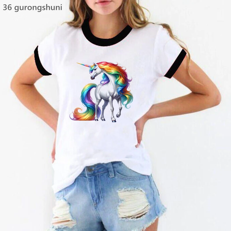 

Rainbow Unicorn T Shirt Girls Harajuku Kawaii Clothes Summer Fashion Short Sleeve T-Shirt Women Funny Cool T-Shirt Female Tops