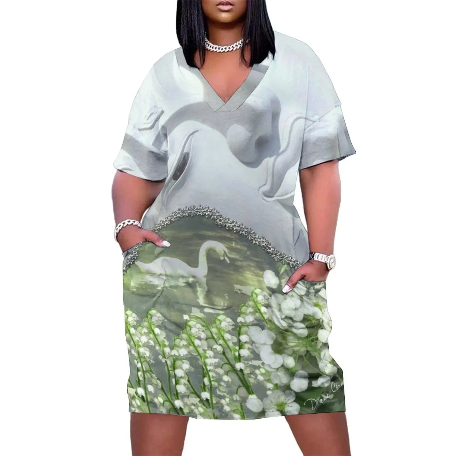 

In the Garden - Quan Yin Lilies of the Valley Loose Pocket Dress evening dresses women Long dresses summer dresses