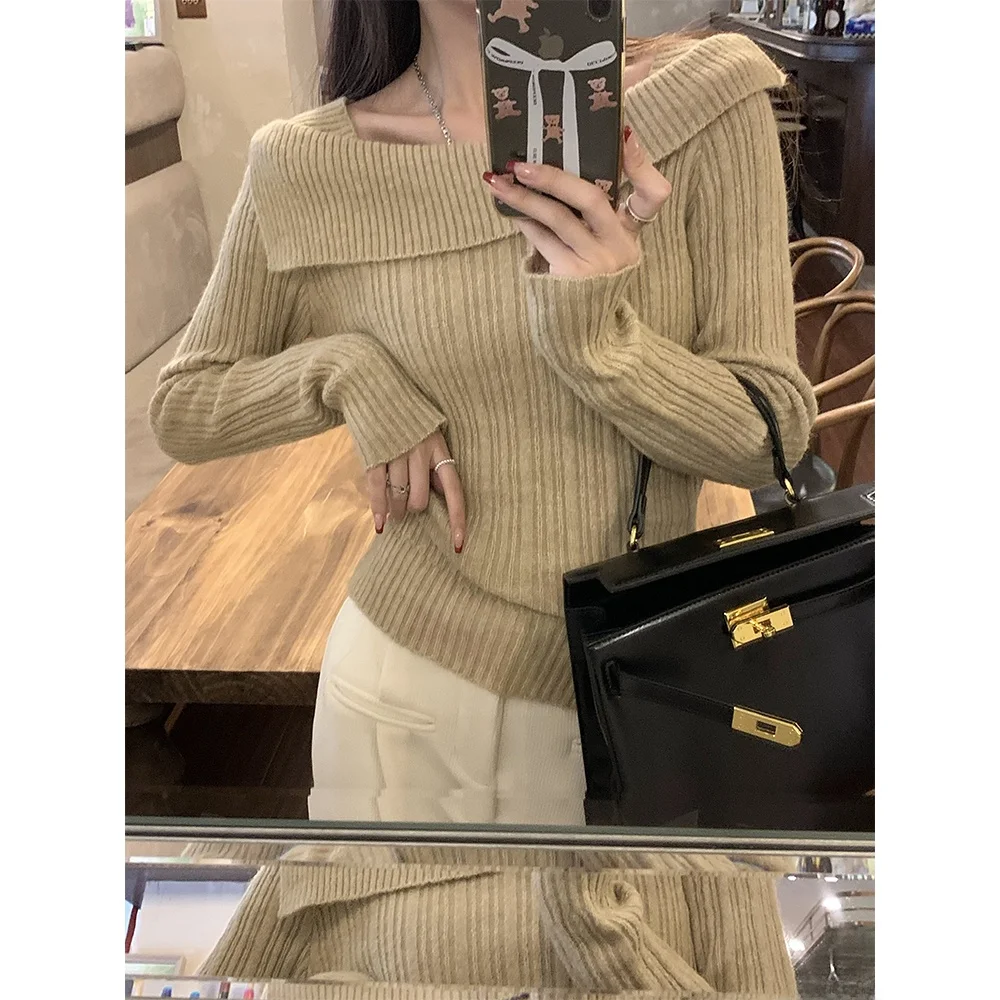 

Вязаный свитер с острым плечом, женский облегающий внутренний свитер, осенне-зимний новый верхняя одежда, повседневный модный топ