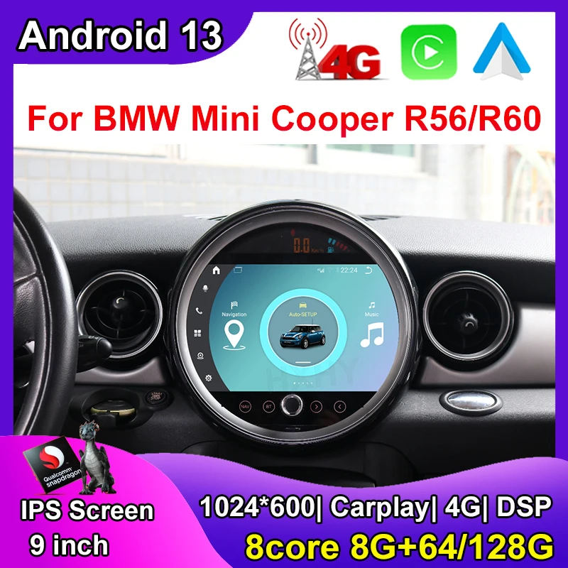Upgrade Android 13 System Snapdragon Chip For BMW Mini Cooper R56 07-16 Car Radio GPS Navigation Stereo Multimedia BT Audio