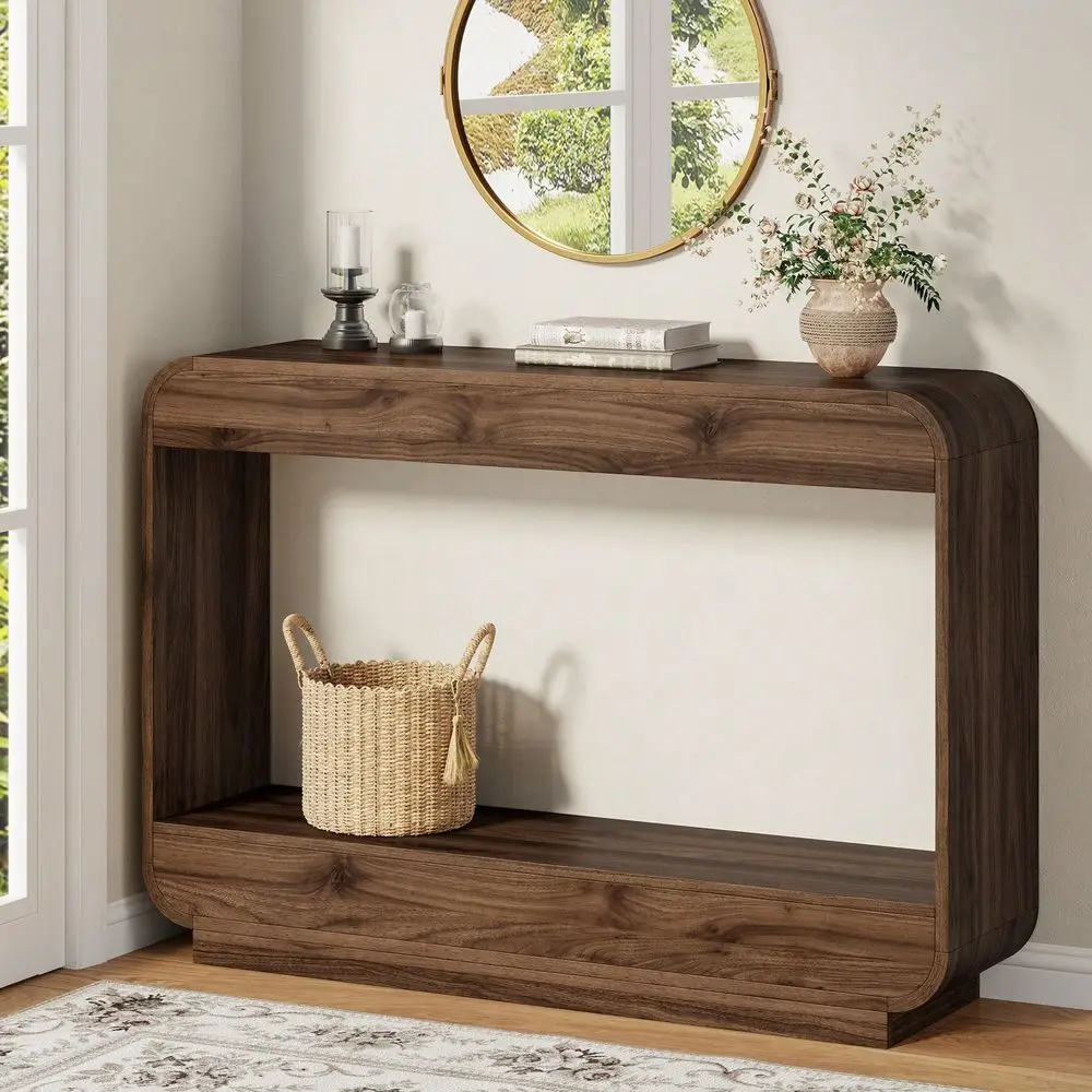 Console Table, 43 Curved Entryway Table, Wood Sofa Tables Behind Couch With Open Shelf, Entry Table For Entrance, Hallway, Livi