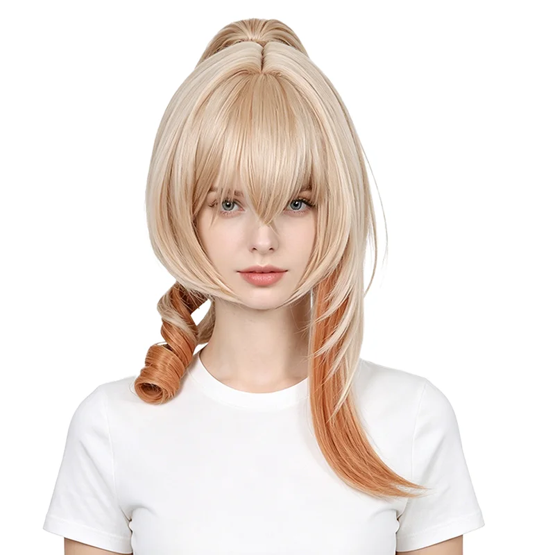 Pre-styled Yoimiya Cosplay Wig Spiral Curls Detachable Ponytail Ombre Blonde Orange Heat Resistant Synthetic Wig For Daily Party