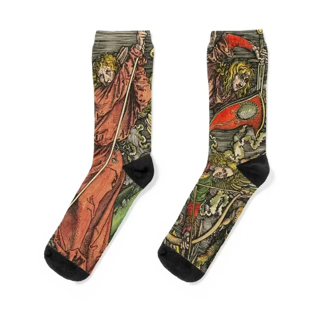 

Saint-Michael Fighting the Dragon from The Apocalyps Ink Medieval Fine Art Vintage paper Albrecht Dürer Colored HD High Qu Socks