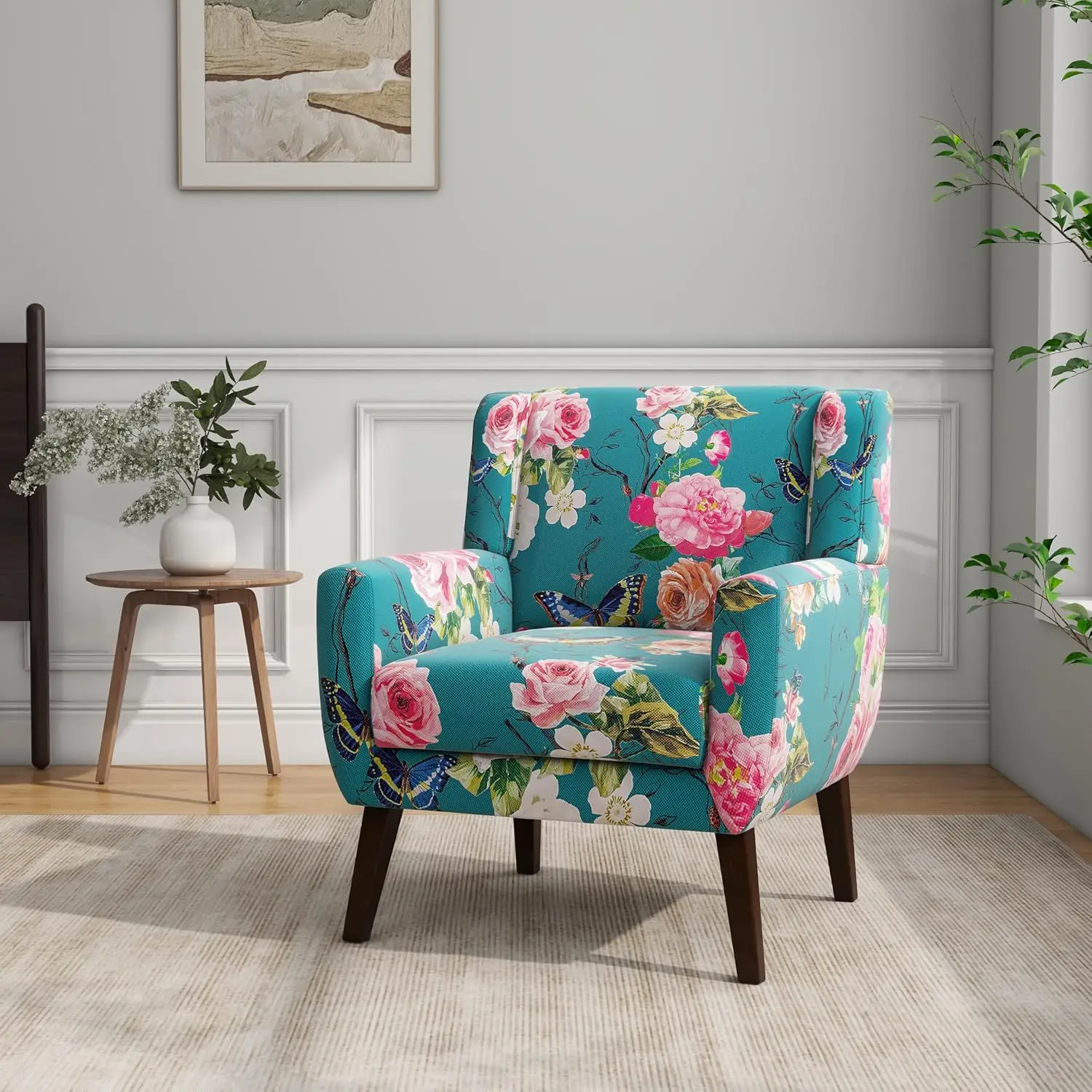 Blue Pattern Linen Blend Tufted Button Backrest Solid Wood Frame Upholstered Club Armchair For Living Room & Bedroom, Customized