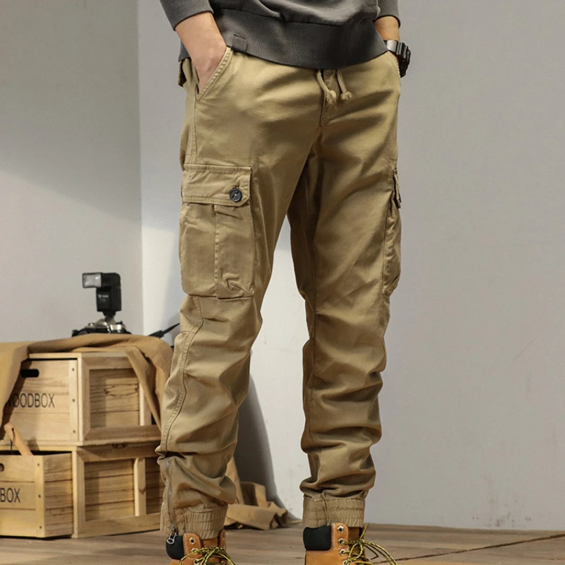 Military Tactical Cargo Pants Men 100% Cotton Multi-Pockets Casual Trousers Fashion Drawstring Elastic Waist Joggers Large Size