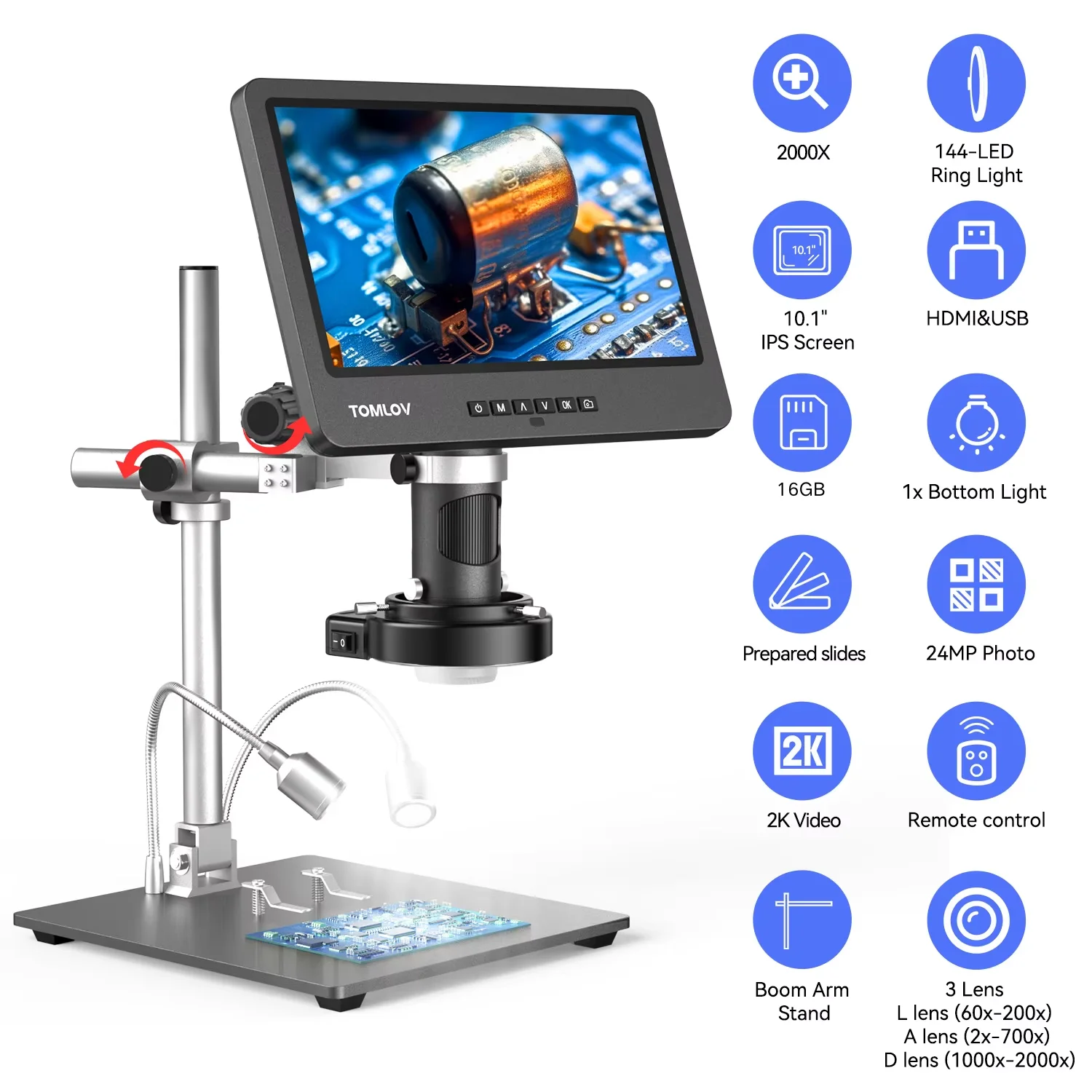 TOMLOV DM602 Pro Digitales HDMI-Mikroskop 10,1 Zoll IPS LCD 2000X 3 Linsen für PCB-Lötarbeiten, Handy-Reparatur, USB-Mikroskop, Münzprägemikroskop