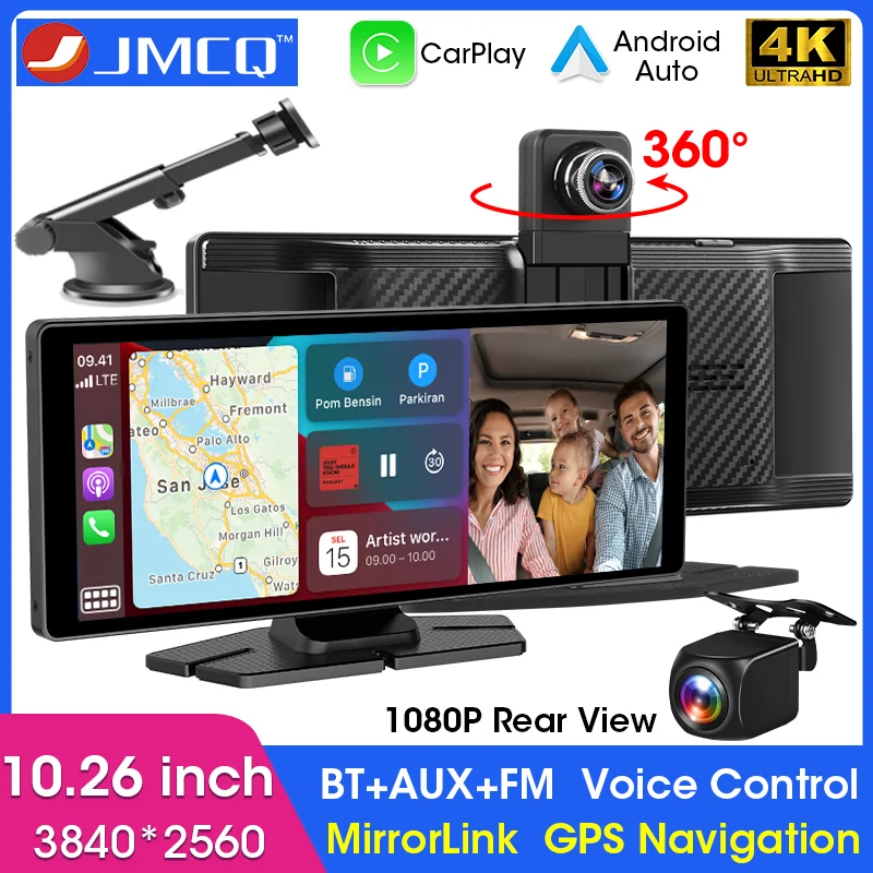 

JMCQ 10.26" 4K Dash Cam Wireless CarPlay Android Auto 360° Rotate Front Len Car DVR WiFi AUX GPS Navigation MirrorLink Dashboard