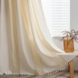 Boho Semi-Blackout Crochet Curtains Dots Cotton Linen Tassels Cream Window Treatment Panels for Bedroom Living Room Decor TJ8475