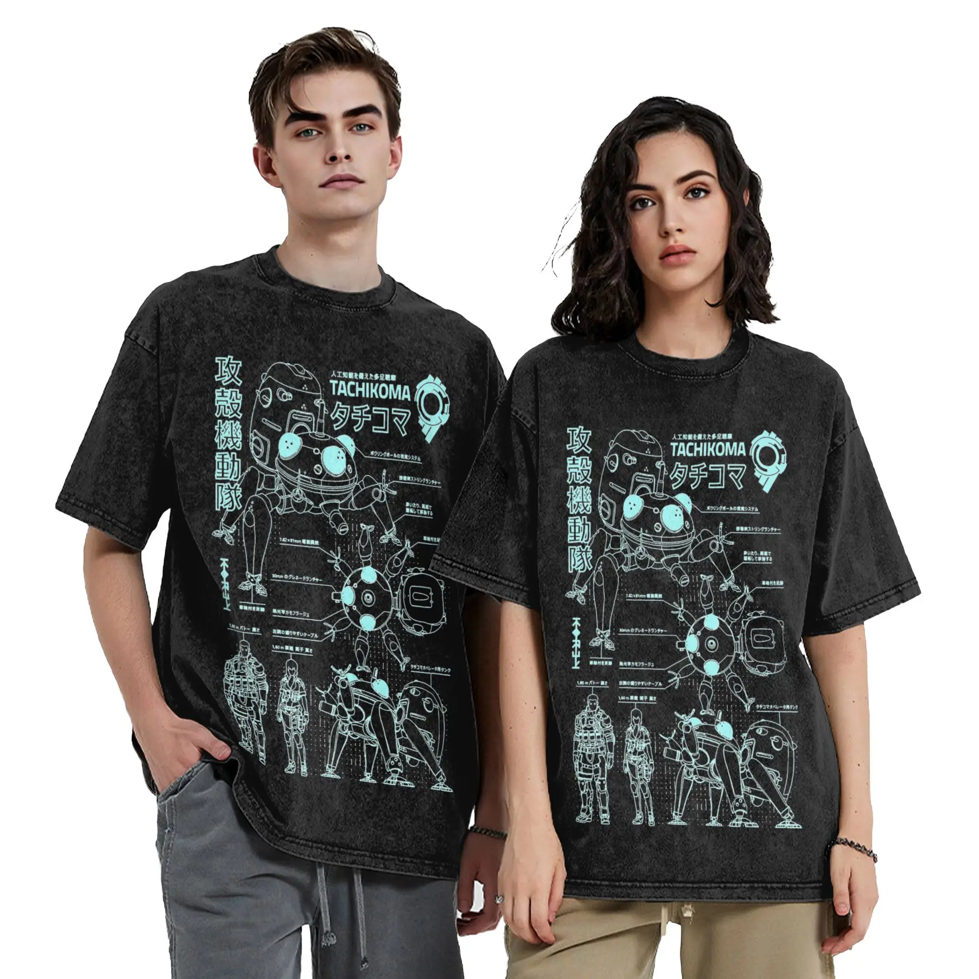 Tachikoma Blueprint Ghost In The Shell Vintage Washed T-Shirt 100% Cotton Tee Shirt Round Neck Short Sleeve T Shirts