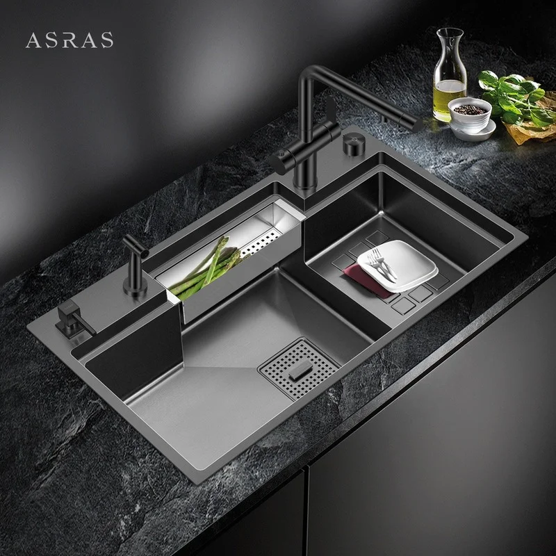 

SUS 304 Stainless Steel Nanometer Black Large Size Kitchen Step Sink 4mm Thickness Handmade Single Sinks 8347NJ