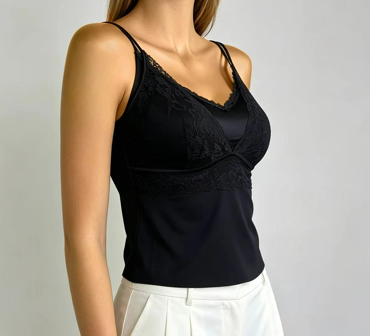 Women's Sexy Deep V Lace Satin Camisole, Built-in Chest Pad, Double Spaghetti Straps Seamless Beauty Back Sleeveless Tank Top